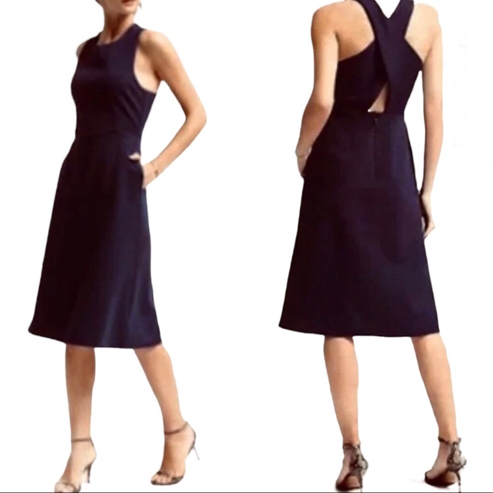 BANANA REPUBLIC Black Cross Back Ponte Midi Dress Size 10 P LBD New NWOT